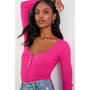 Lulus Everyday Perfection Hot Pink Ribbed Scoop Neck Henley Bodysuit - Size S
